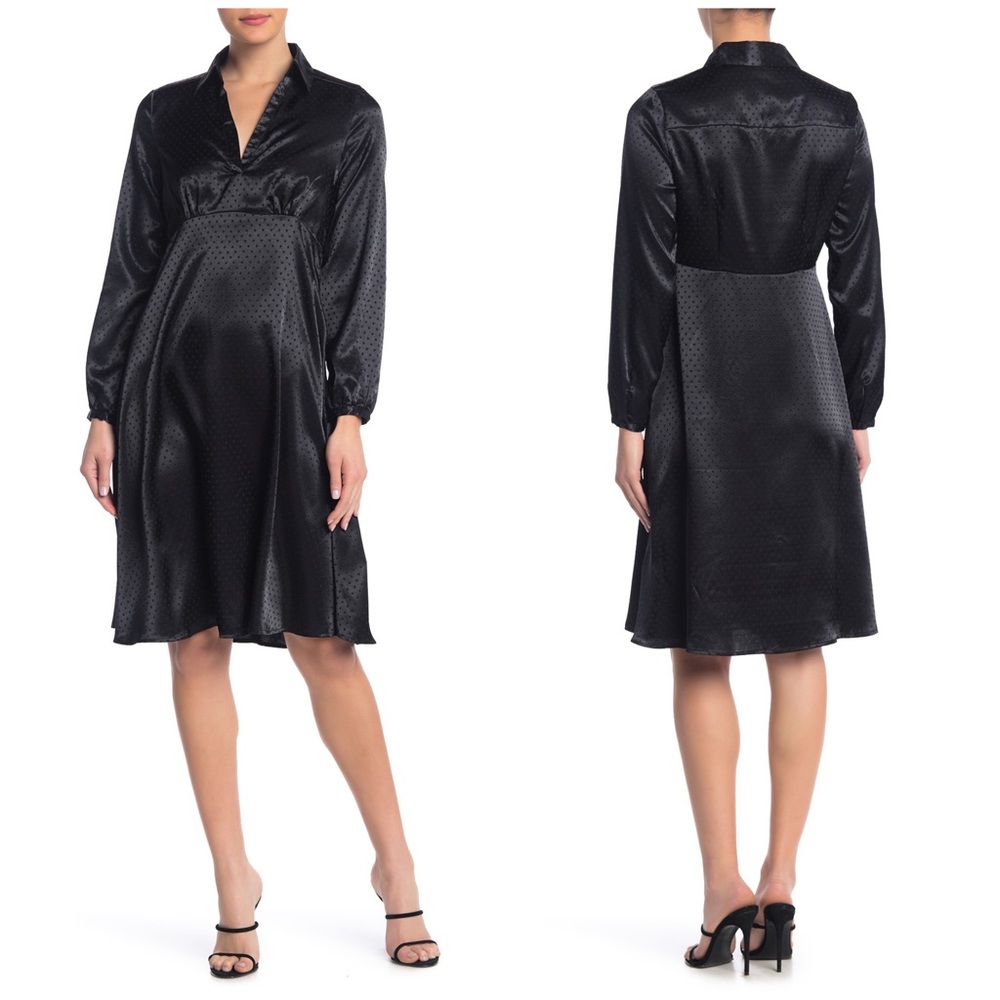 Spense Black Satin Midi Shirt Dress